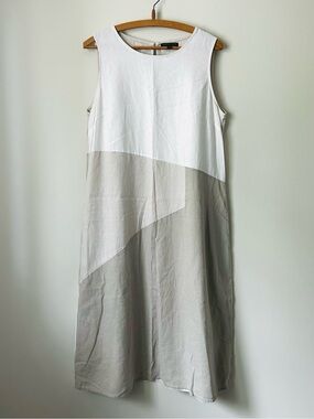 For Cynthia Linen White Cream Beige Colorblock Midi Dress